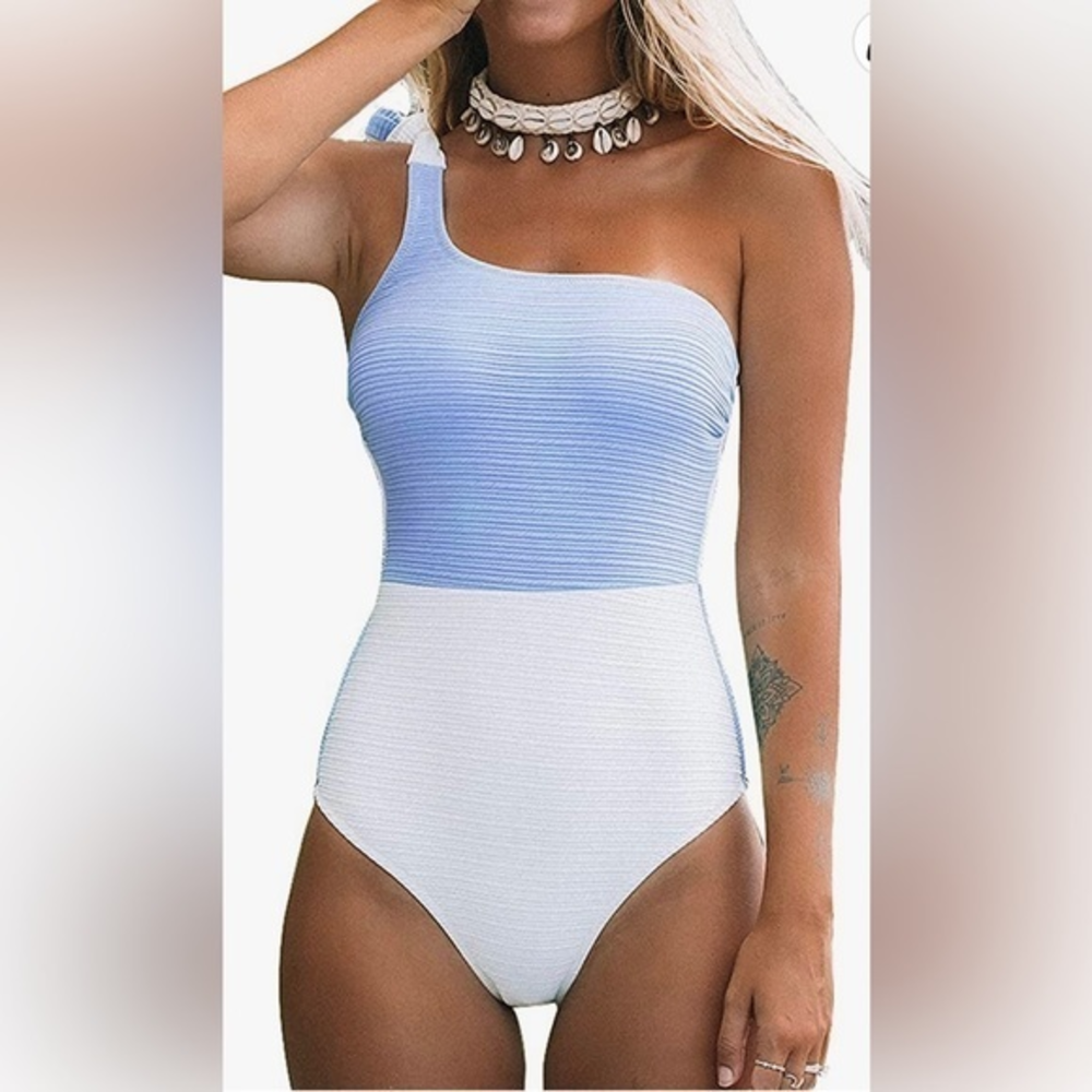 CUPSHE Women's One Piece‎ Swimsuit Color Block One Shoulder Bowknot Bathing Suit